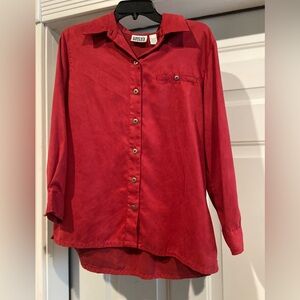 Chico’s Design~Burnt Red~Faux Suede~High-Low Blouse~Button Closure~Size 1 (US 8)